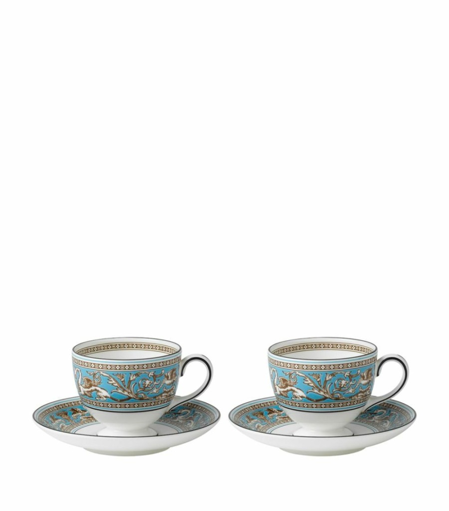 Home & Furniture * | Wedgwood Florentine Turquoise Teacups And Saucers (Set Of 2) Blue Tea Sets